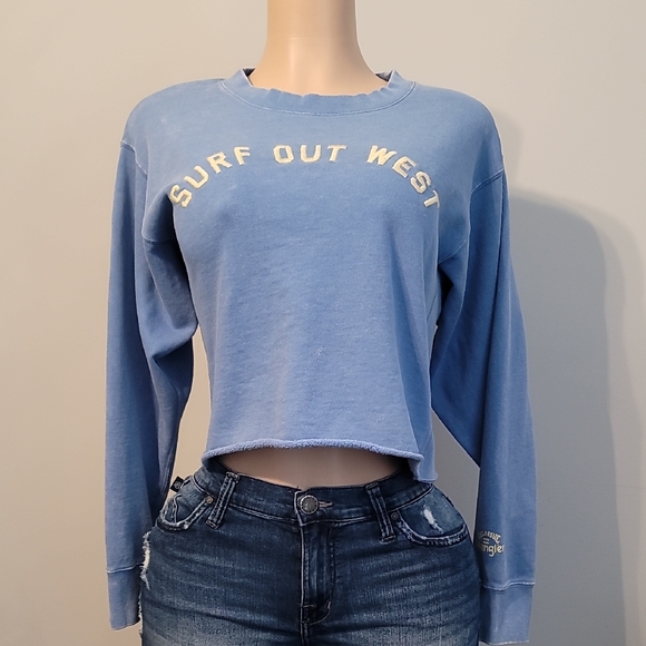 Billabong X Wrangler Blue "Surf Out West" Cropped Sweatshirt - Picture 1 of 12